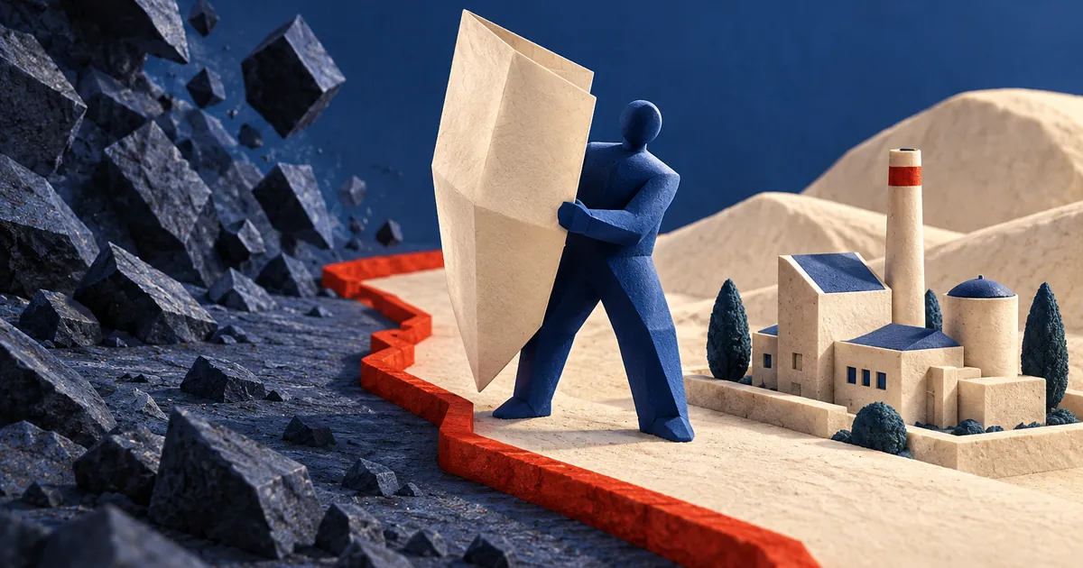 Ilustración conceptual sobre expropiación indirecta: figura azul protegida por un documento sin texto junto a una instalación ficticia.