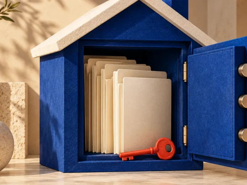 Ilustración conceptual sobre proteger tu propiedad: caja fuerte con forma de casa y carpetas de documentos sin texto.