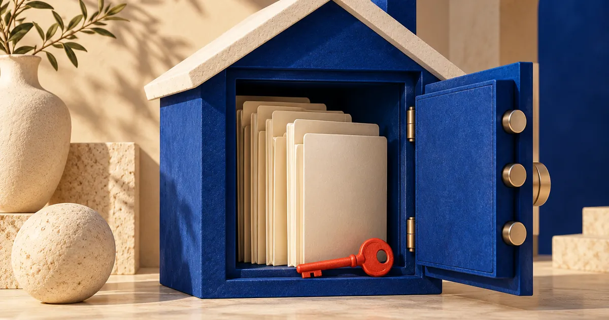 Ilustración conceptual sobre proteger tu propiedad: caja fuerte con forma de casa y carpetas de documentos sin texto.