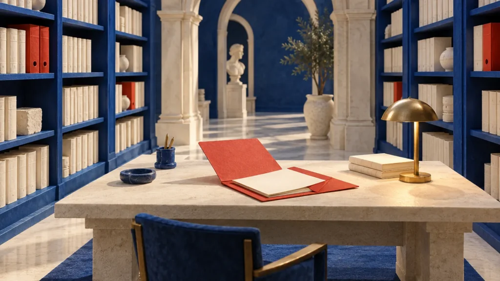 Archivo conceptual con libros ordenados y una carpeta roja abierta.