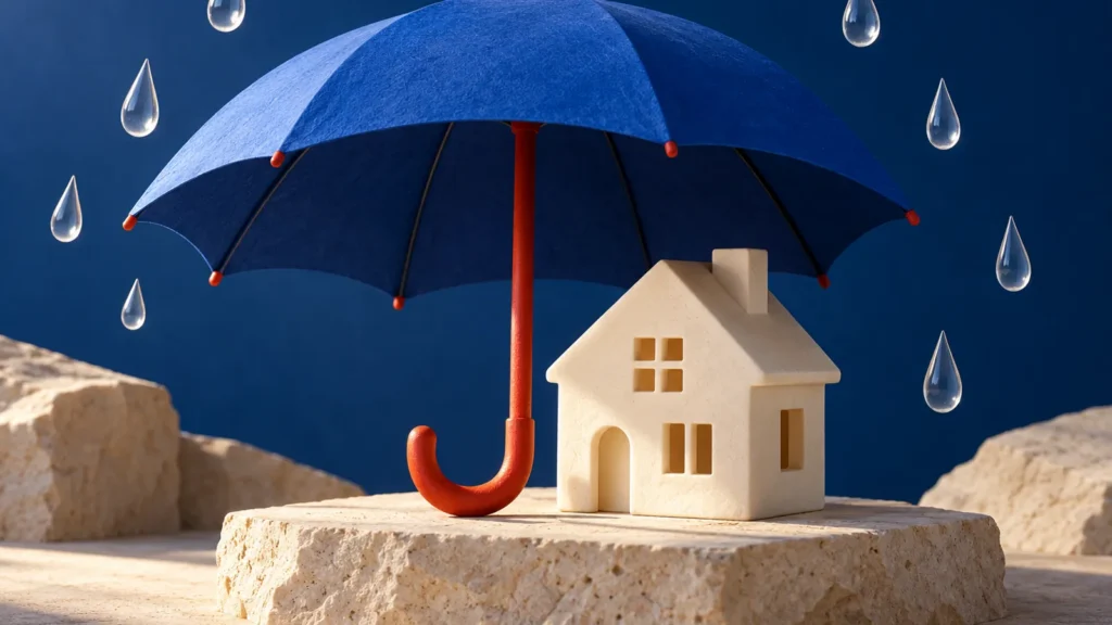Paraguas azul sobre una casa clara con gotas fuera de su borde.