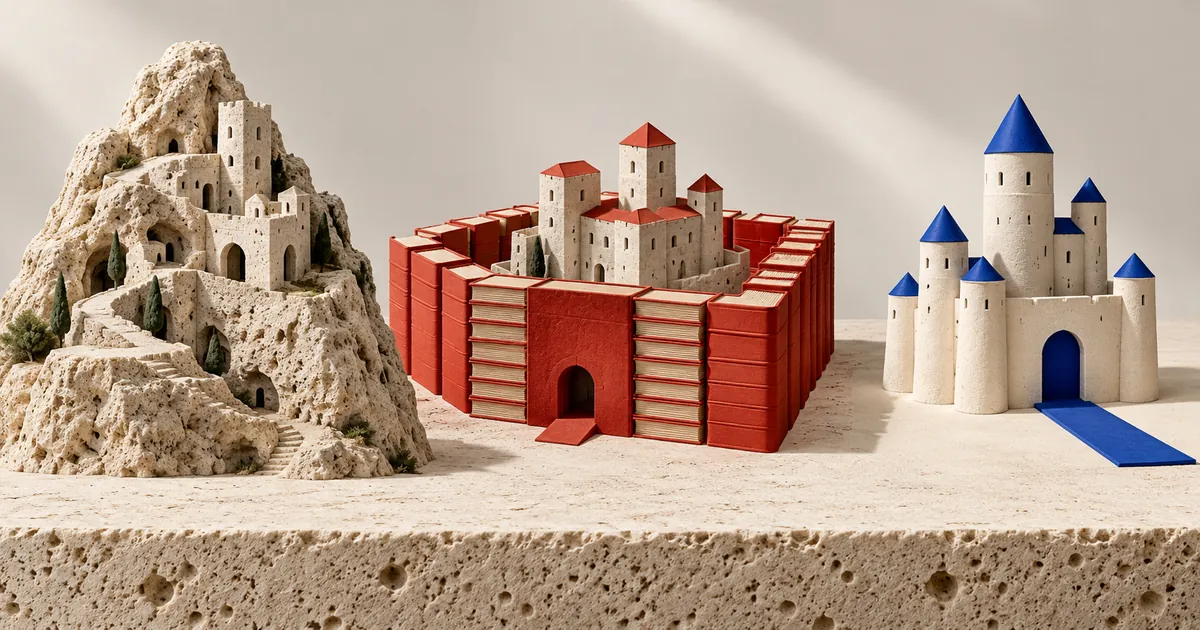 Tres castillos: uno integrado en una colina, otro rodeado de libros rojos y otro con una única entrada azul.