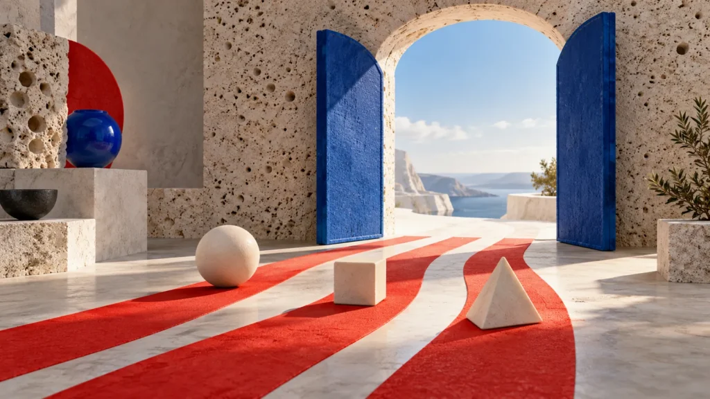 Tres caminos rojos con figuras geométricas blancas se dirigen hacia una gran puerta azul abierta.