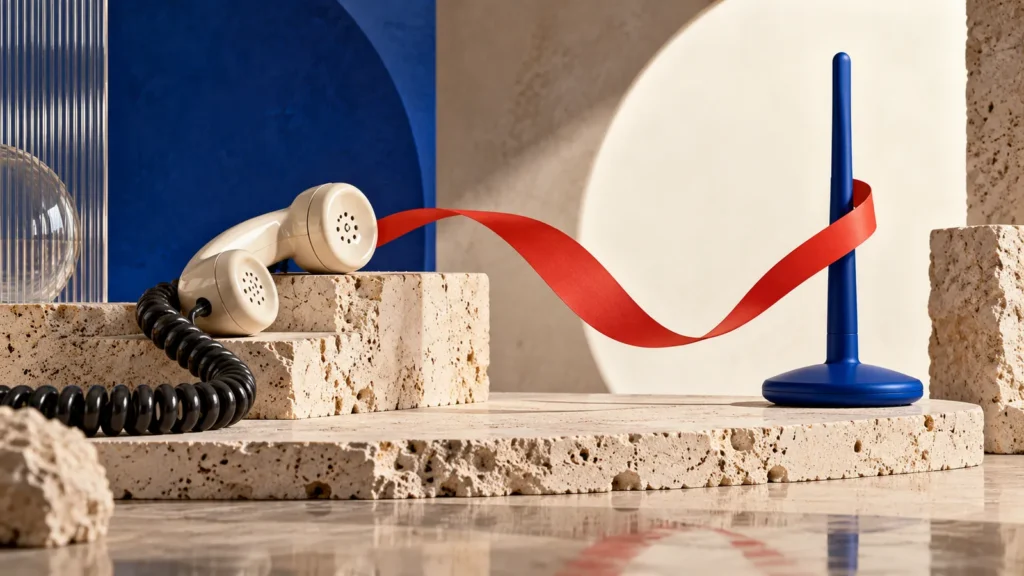 Un auricular antiguo con cable negro comparte una plataforma de piedra con una antena inalámbrica azul y una cinta roja.