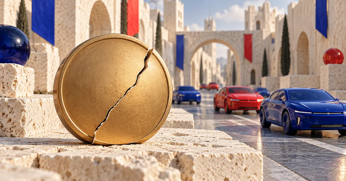 Ilustración conceptual sobre taxis, licencias y plataformas: un gran medallón dorado sin inscripción, agrietado, destaca delante de una ciudad de piedra imaginaria con coches rojos y azules.