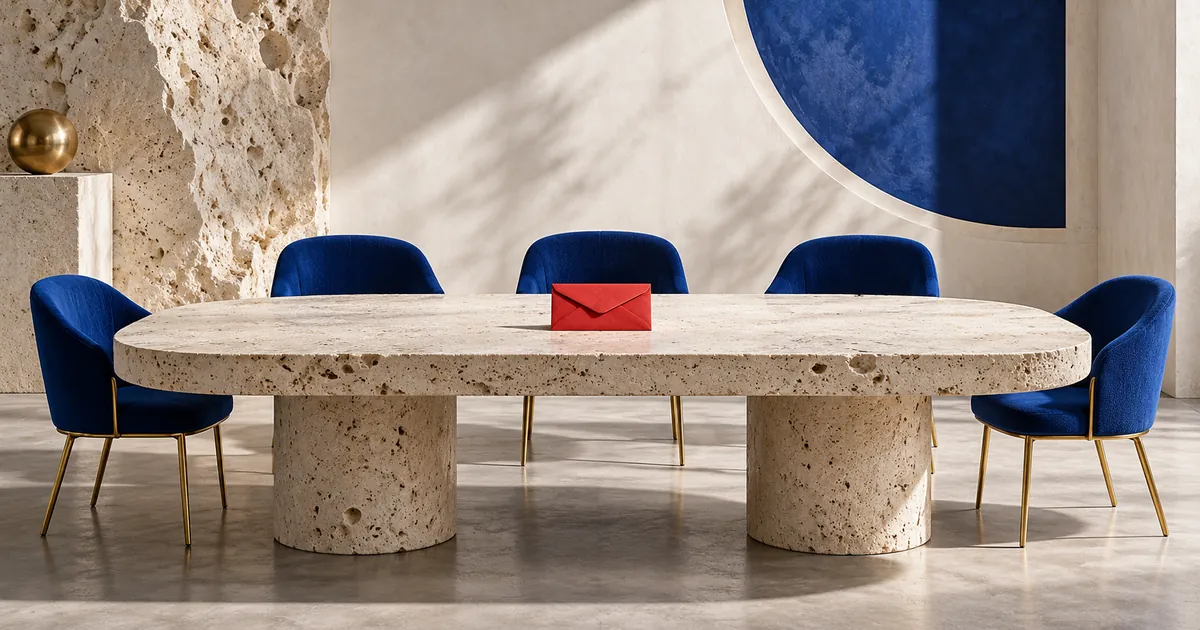 Ilustración conceptual sobre contratación pública: un único sobre rojo cerrado ocupa el centro de una mesa de piedra clara rodeada por cinco sillas azules vacías.