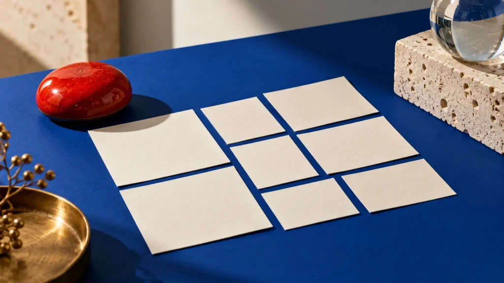 Varios rectángulos de papel claro forman una hoja dividida sobre una mesa azul junto a un pisapapeles rojo.