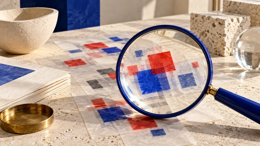 Una lupa de marco azul amplía cuadrados rojos y azules dibujados sobre hojas translúcidas en una mesa de piedra.