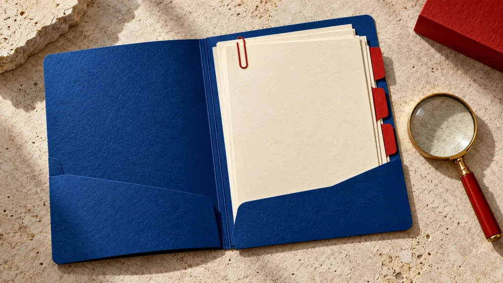 Una carpeta azul abierta contiene hojas claras con separadores rojos junto a una lupa y un clip.