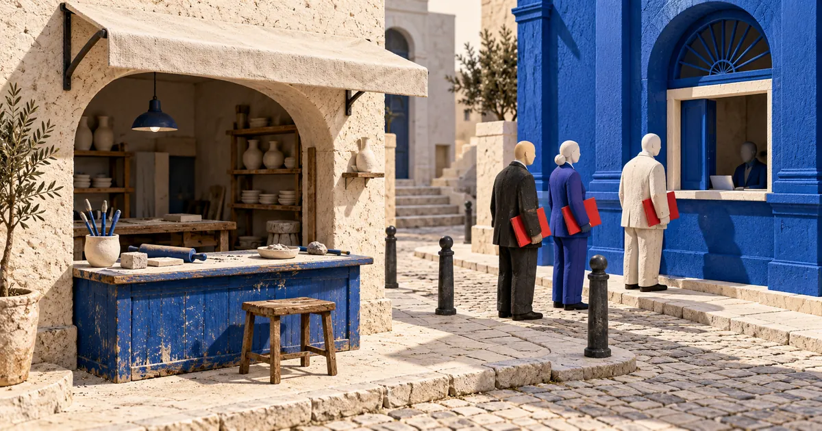 Un taller vacío queda junto a tres figuras con carpetas rojas que esperan en una ventanilla azul.