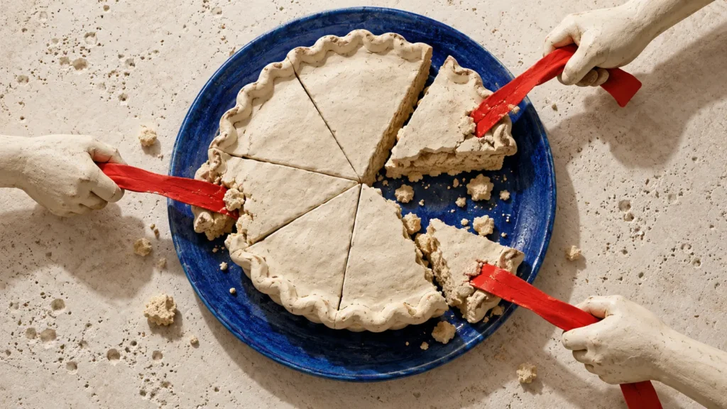 Tres manos tiran de cintas rojas bajo porciones de un pastel claro que se deshace sobre un plato azul.