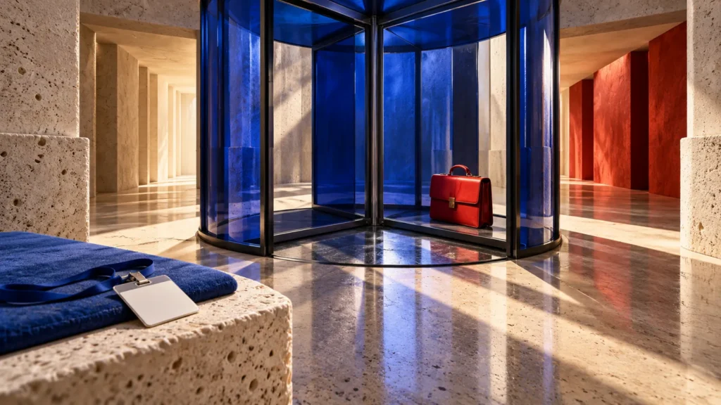 Un maletín rojo descansa dentro de una puerta giratoria de cristal azul, junto a una acreditación sin texto.