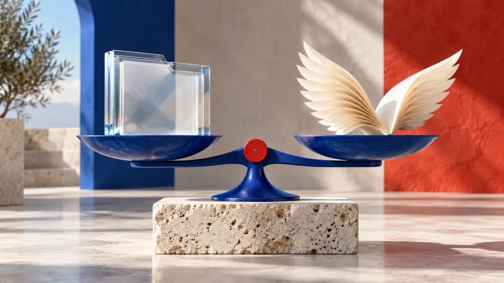 Una balanza azul equilibra carpetas transparentes y un libro cuyas páginas se abren como alas.