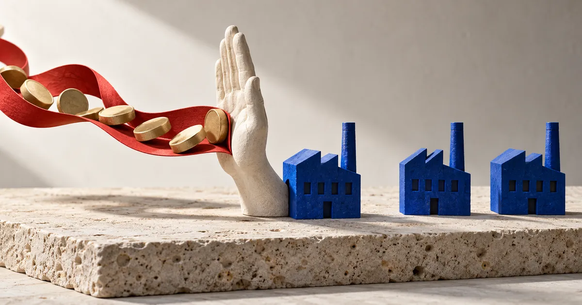 Una mano de piedra detiene una cinta roja con monedas frente a tres pequeñas fábricas azules.