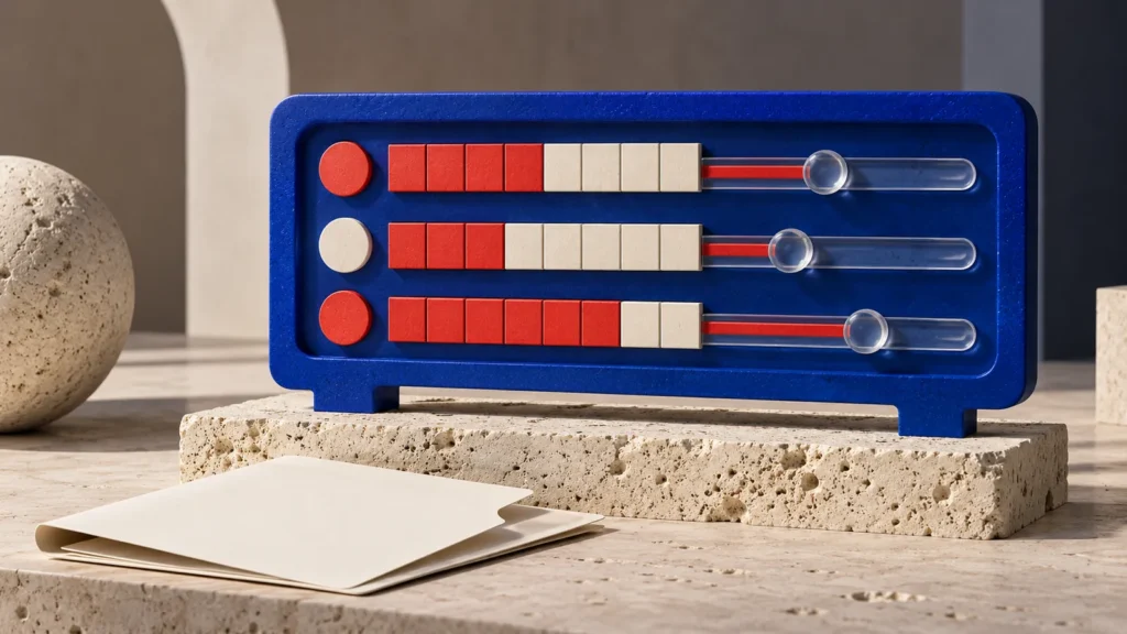 Un marcador azul presenta tres filas de bloques rojos y blancos con controles transparentes.