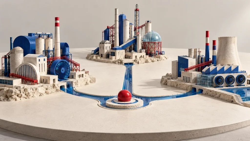 Tres complejos industriales de maqueta están unidos por canales azules alrededor de una esfera roja.